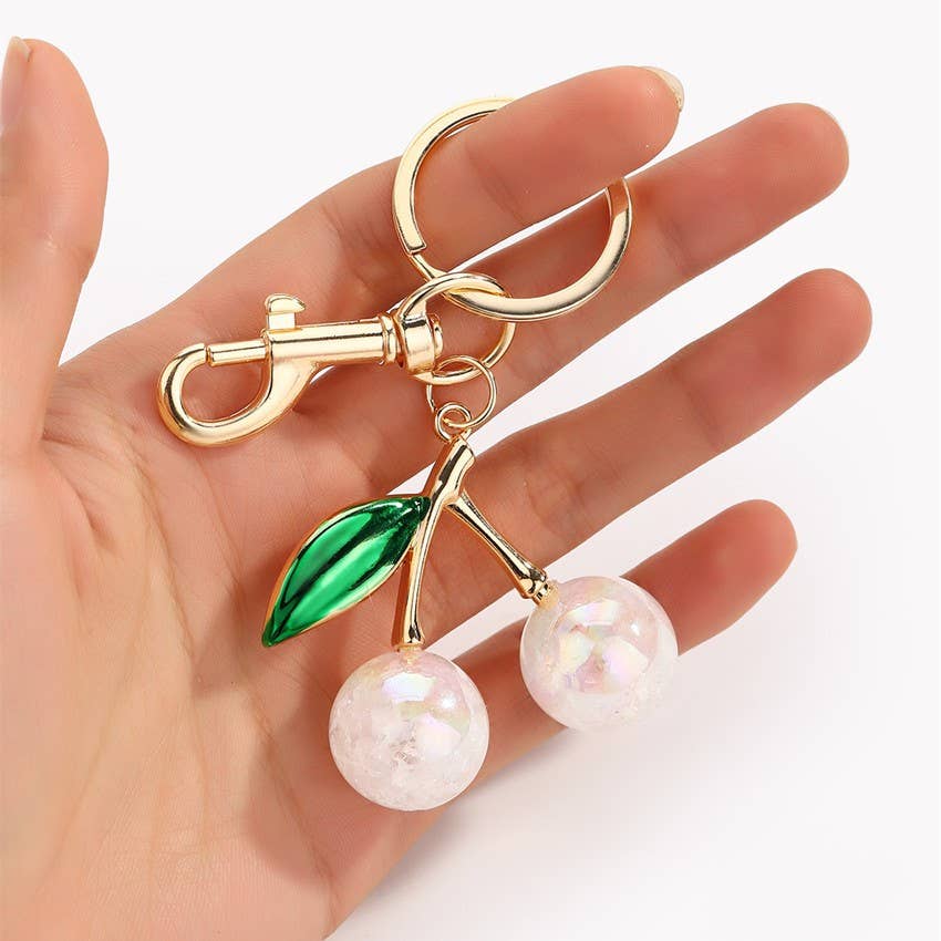 Pearlie Cherry Drop Keychain, Preppy Bag Charm with Leaf Accent, Stylish Purse Accessory, Gift for Her - Nifty Decor & More