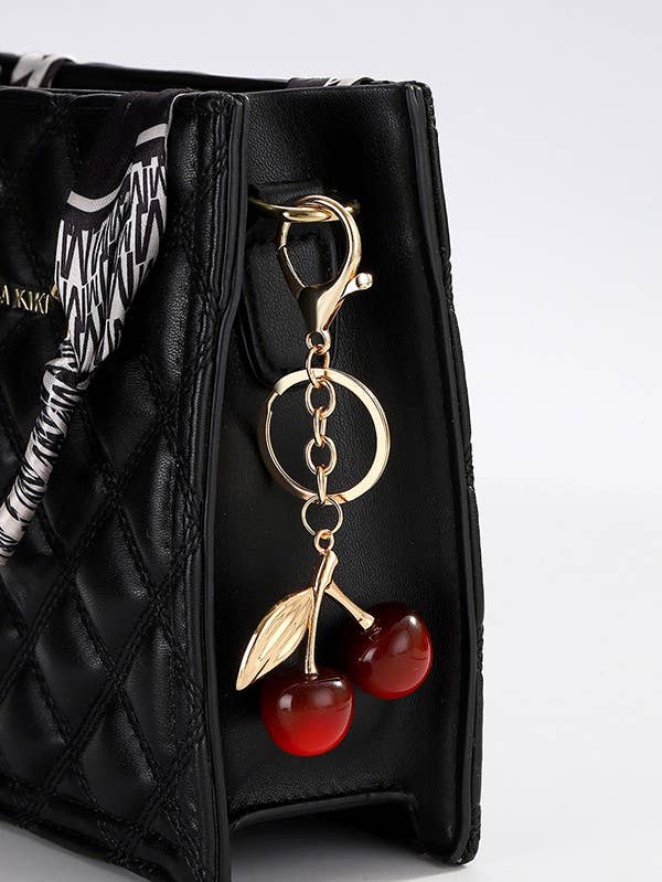 Pearlie Cherry Drop Keychain, Preppy Bag Charm with Leaf Accent, Stylish Purse Accessory, Gift for Her - Nifty Decor & More