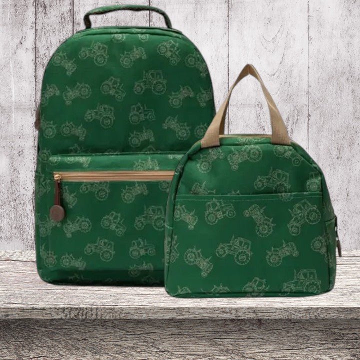 Personalized Boys Green Tractor Pattern Backpack Set | Backpack, Lunchbox & Tumbler - Nifty Decor & More