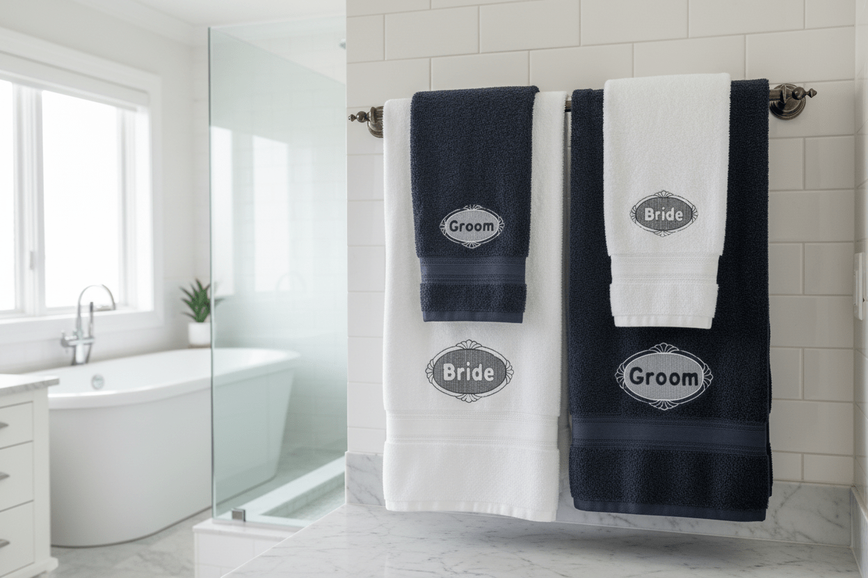 Personalized Bride and Groom Wedding Gift Towel Set Luxury Embroidered Monogrammed Bath Towels - Nifty Decor & More