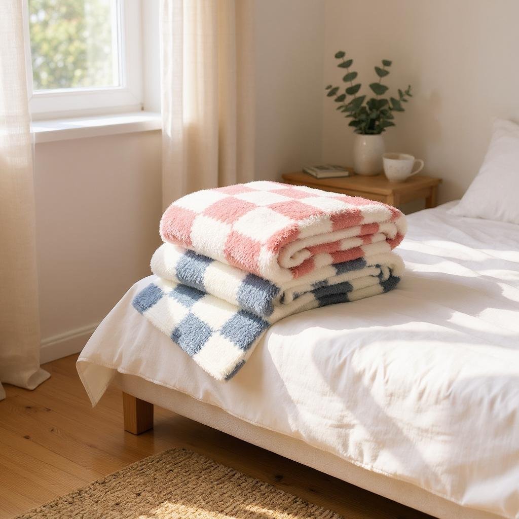 Personalized Checkered Fleece Blanket, Pink or Blue - Nifty Decor & More