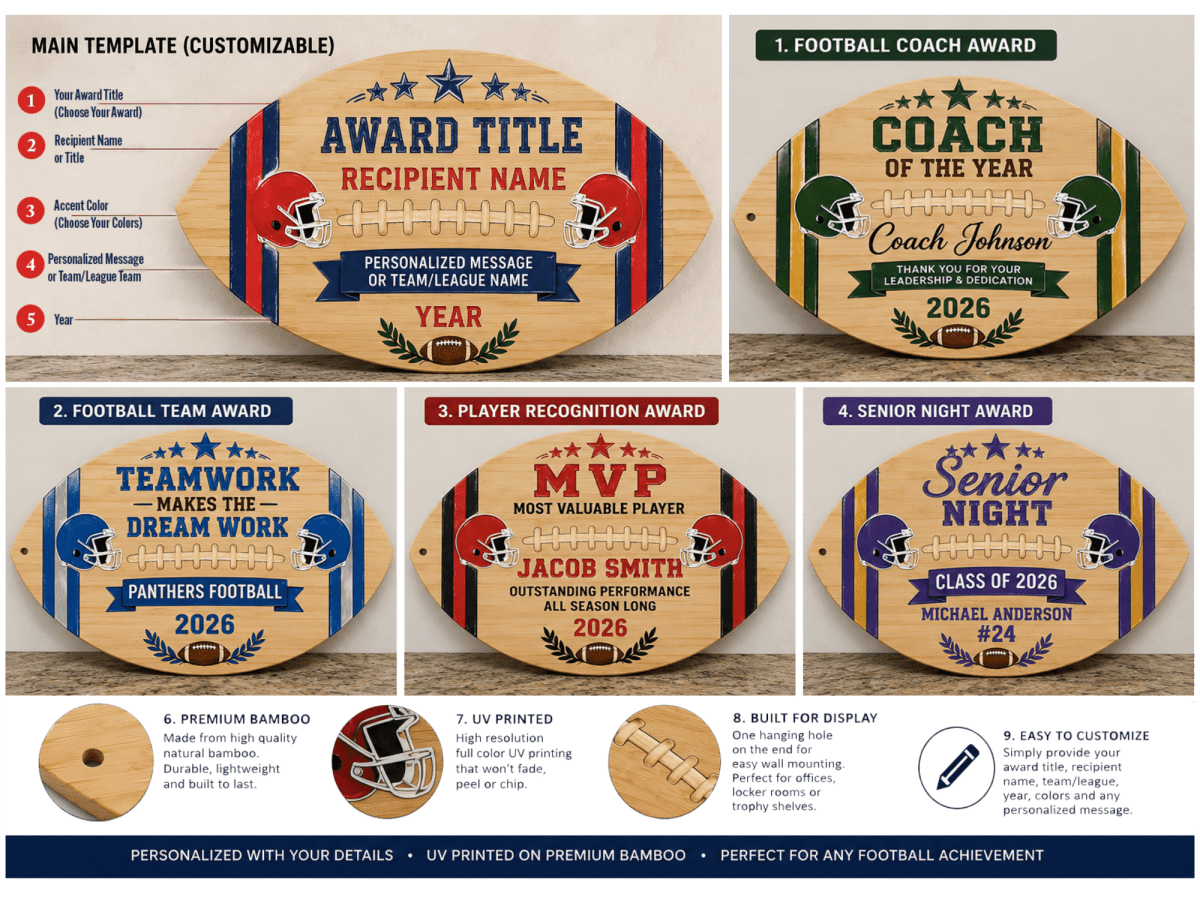 Personalized Football Award Bamboo Cutting Board | Fantasy Football, Coach & Team Awards - Nifty Decor & More