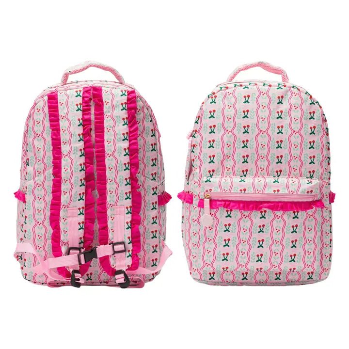 Personalized Girls Backpack Set | Cherry or Pink Gingham Embroidered Backpack, Lunch Box & Water Bottle | Custom Name School Bag - Nifty Decor & More