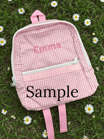Personalized Girls Backpack Set | Cherry or Pink Gingham Embroidered Backpack, Lunch Box & Water Bottle | Custom Name School Bag - Nifty Decor & More