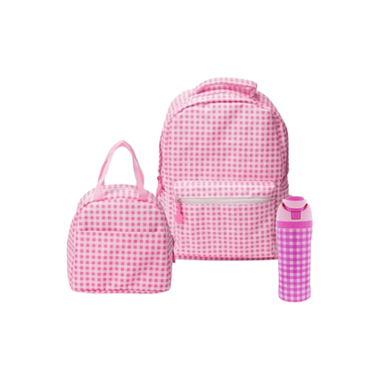 Personalized Girls Backpack Set | Cherry or Pink Gingham Embroidered Backpack, Lunch Box & Water Bottle | Custom Name School Bag - Nifty Decor & More