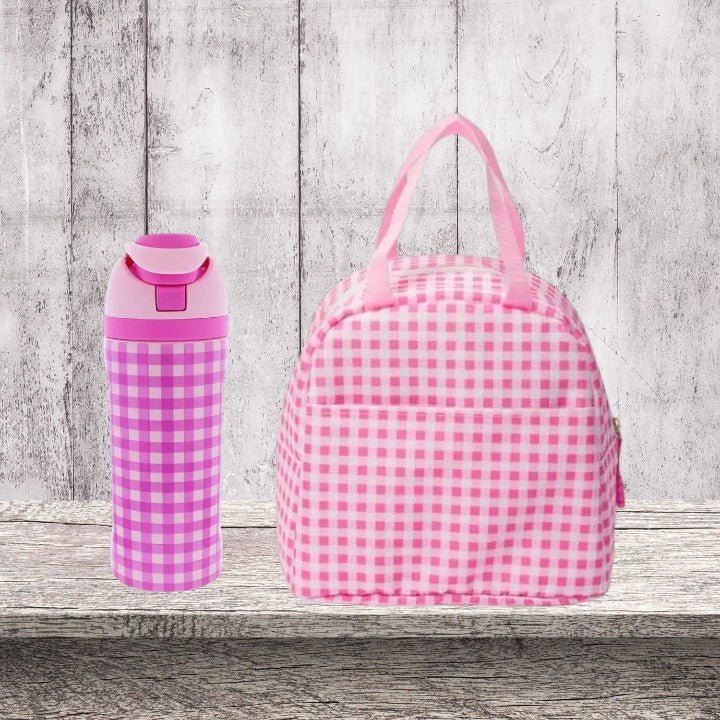 Personalized Girls Backpack Set | Pink Gingham Embroidered Backpack, Lunch Box & Water Bottle | Custom Name School Bag - Nifty Decor & More