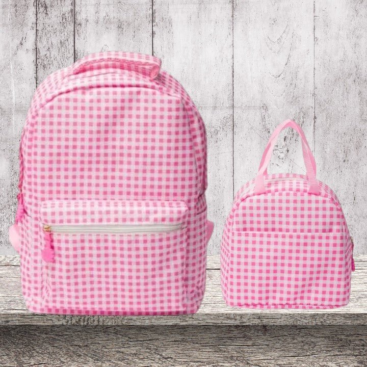 Personalized Girls Backpack Set | Pink Gingham Embroidered Backpack, Lunch Box & Water Bottle | Custom Name School Bag - Nifty Decor & More