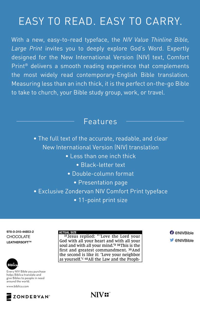 Personalized - NIV Value Thinline Bible, Large Print, Leathersoft, Brown - Nifty Decor & More