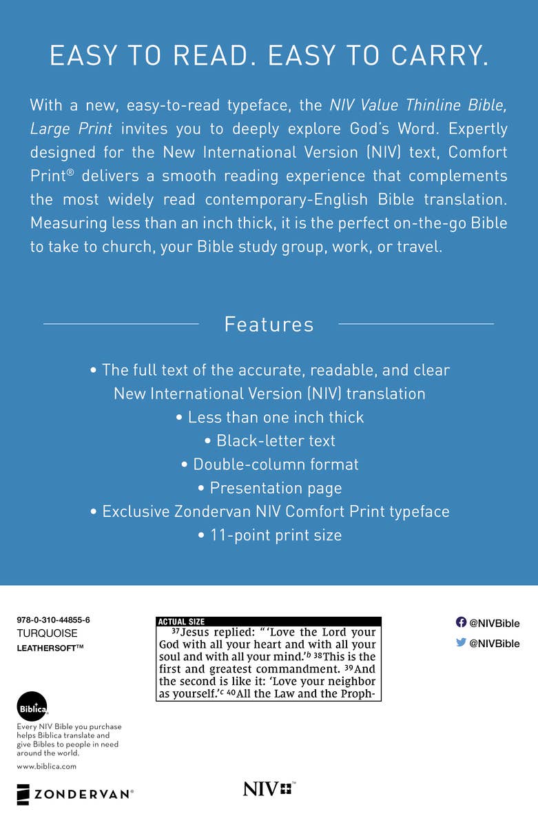 Personalized - NIV Value Thinline Bible Large Print Leathersoft Teal - Nifty Decor & More