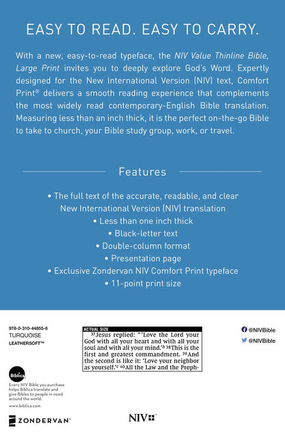 Personalized - NIV Value Thinline Bible Large Print Leathersoft Teal - Nifty Decor & More