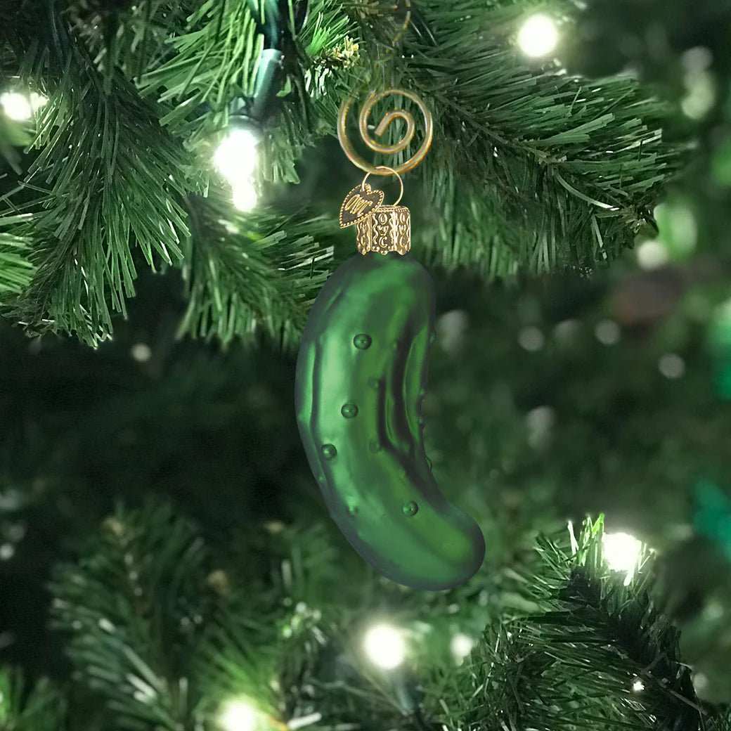 Green Glass Pickle Christmas Ornament with Bumpy Texture and Glitter Accents