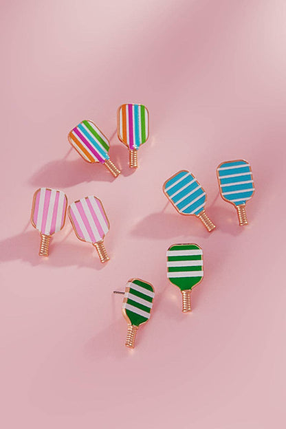 Pickleball Post Earrings for Women – Striped Enamel Paddle Design - Nifty Decor & More