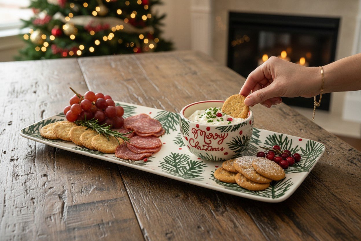 Pine Bough & Red Truck Christmas Platter Set - Ceramic Serving Tray with Matching Dip Bowl - Nifty Decor & More