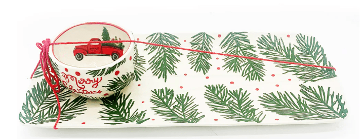 Pine Bough & Red Truck Christmas Platter Set - Ceramic Serving Tray with Matching Dip Bowl - Nifty Decor & More