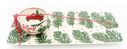 Pine Bough & Red Truck Christmas Platter Set - Ceramic Serving Tray with Matching Dip Bowl - Nifty Decor & More