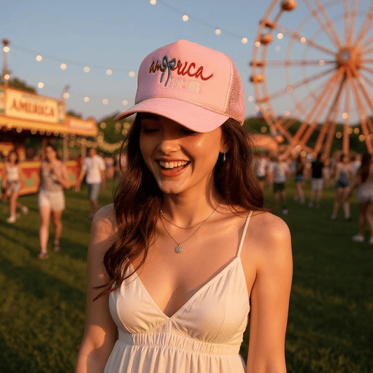 Pink America Est 1776 Embroidered Trucker Hat, Cute & Comfy Sun Protection Cap, Ideal Fourth of July Gift Trucker Hats