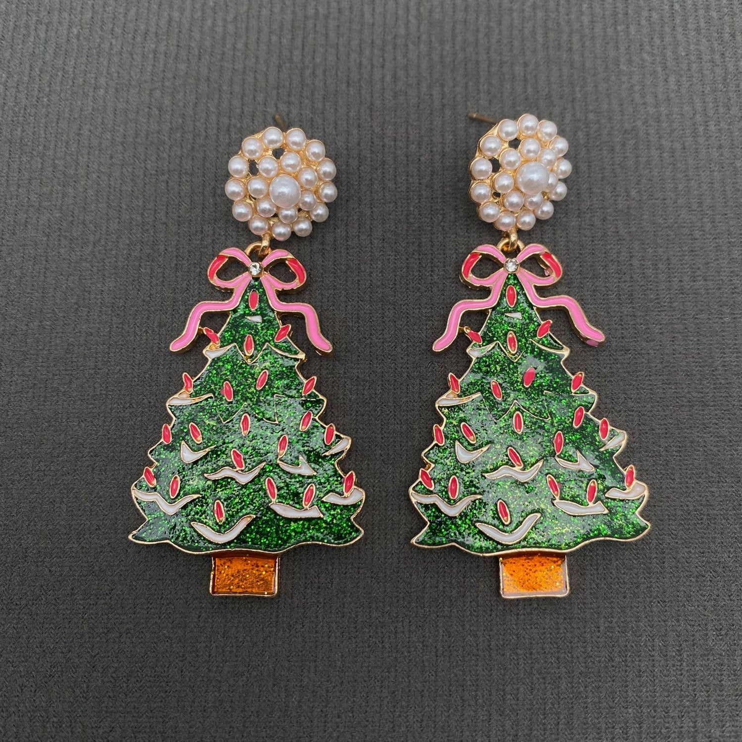 Pink Bow Christmas Tree Dangle Earrings - Nifty Decor & More