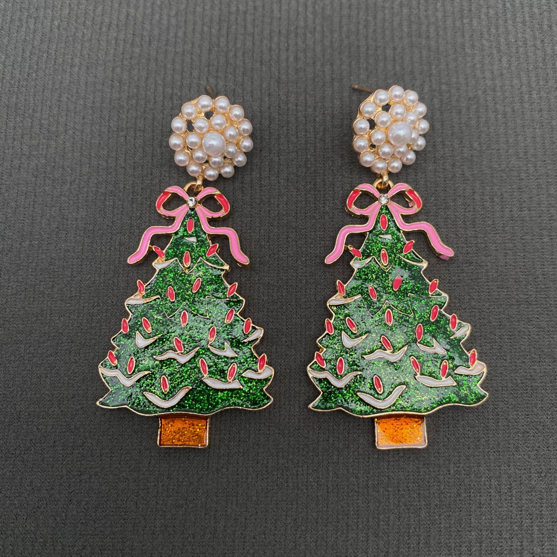 Pink Bow Christmas Tree Dangle Earrings - Nifty Decor & More