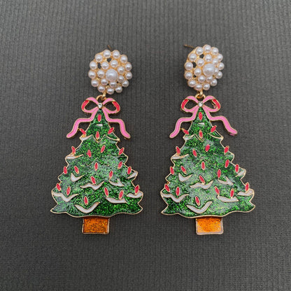 Pink Bow Christmas Tree Dangle Earrings - Nifty Decor & More