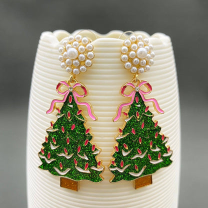 Pink Bow Christmas Tree Dangle Earrings - Nifty Decor & More