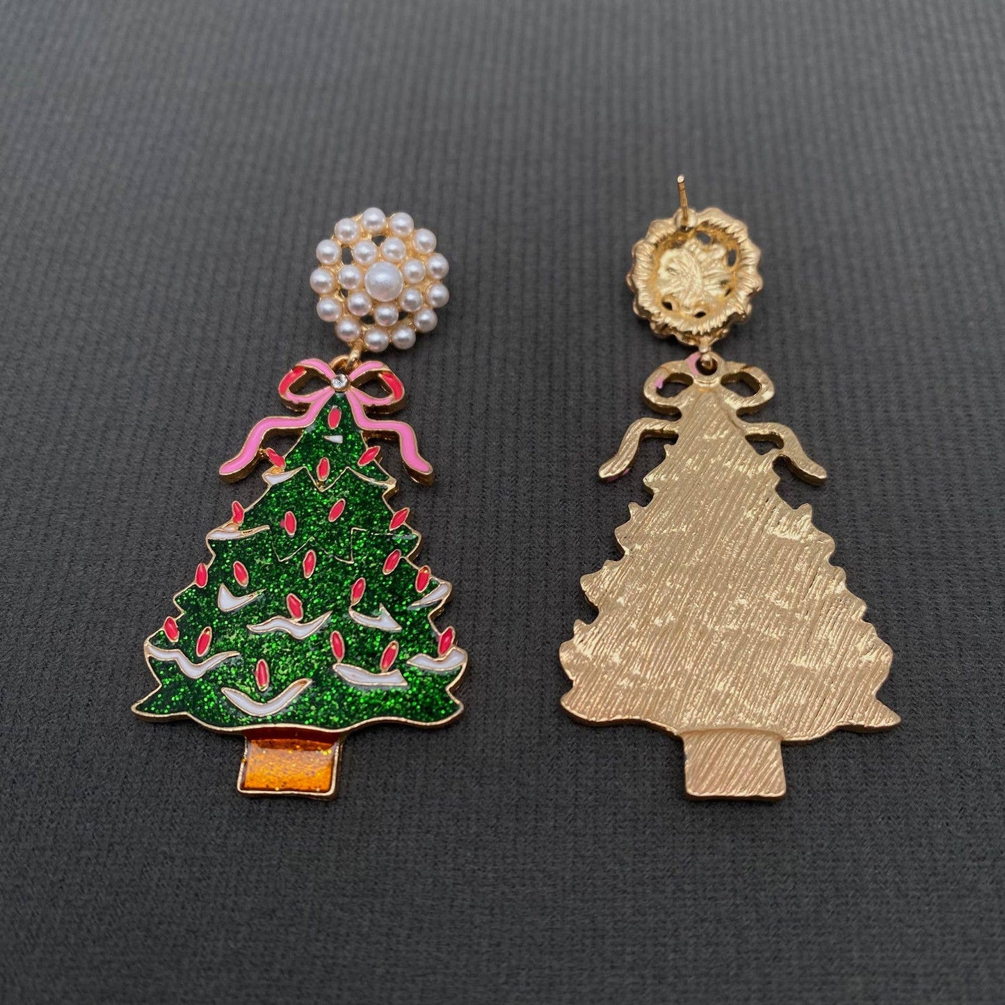 Pink Bow Christmas Tree Dangle Earrings - Nifty Decor & More