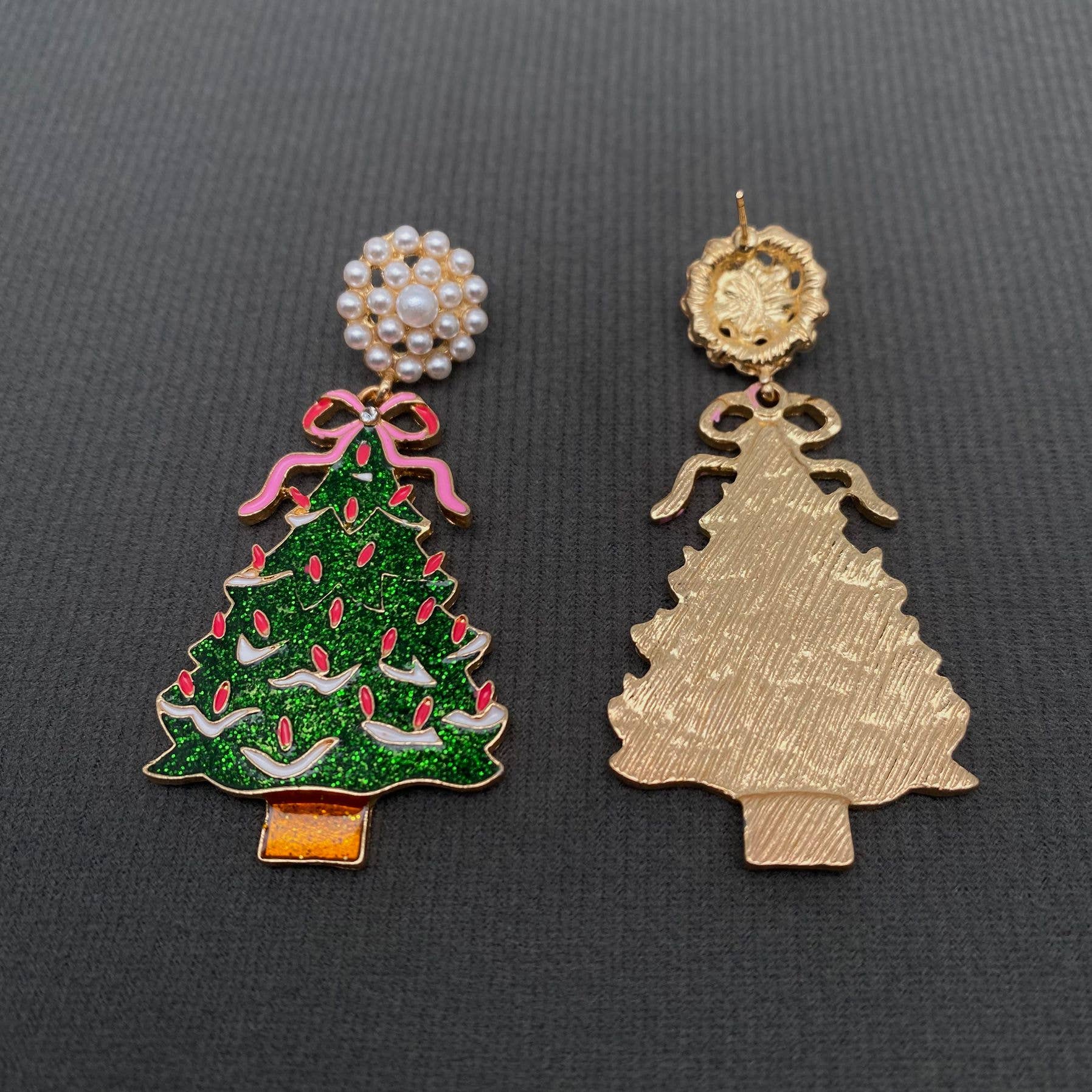 Pink Bow Christmas Tree Dangle Earrings - Nifty Decor & More