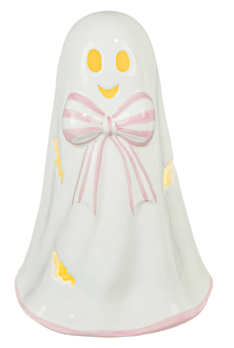 Pink Bow Halloween Ghost Figurine with Lights - Nifty Decor & More