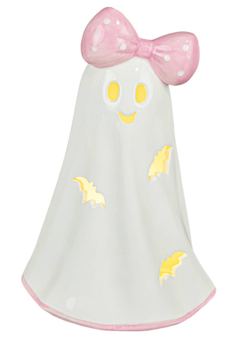 Pink Bow Halloween Ghost Figurine with Lights - Nifty Decor & More
