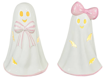 Pink Bow Halloween Ghost Figurine with Lights - Nifty Decor & More