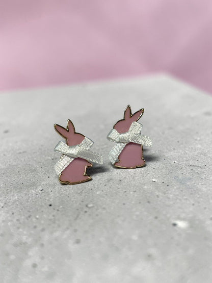 Pink Bunny Stud Earrings with White Bows – Adorable Easter & Springtime Jewelry - Nifty Decor & More