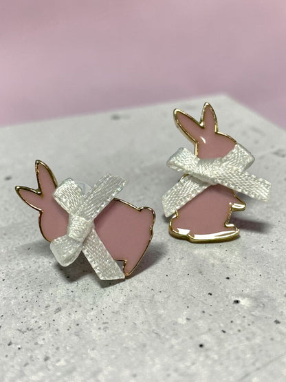 Pink Bunny Stud Earrings with White Bows – Adorable Easter & Springtime Jewelry - Nifty Decor & More