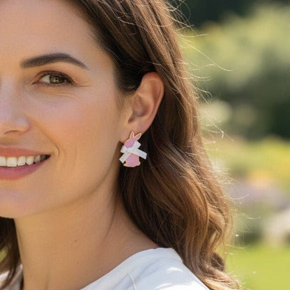 Pink Bunny Stud Earrings with White Bows – Adorable Easter & Springtime Jewelry - Nifty Decor & More