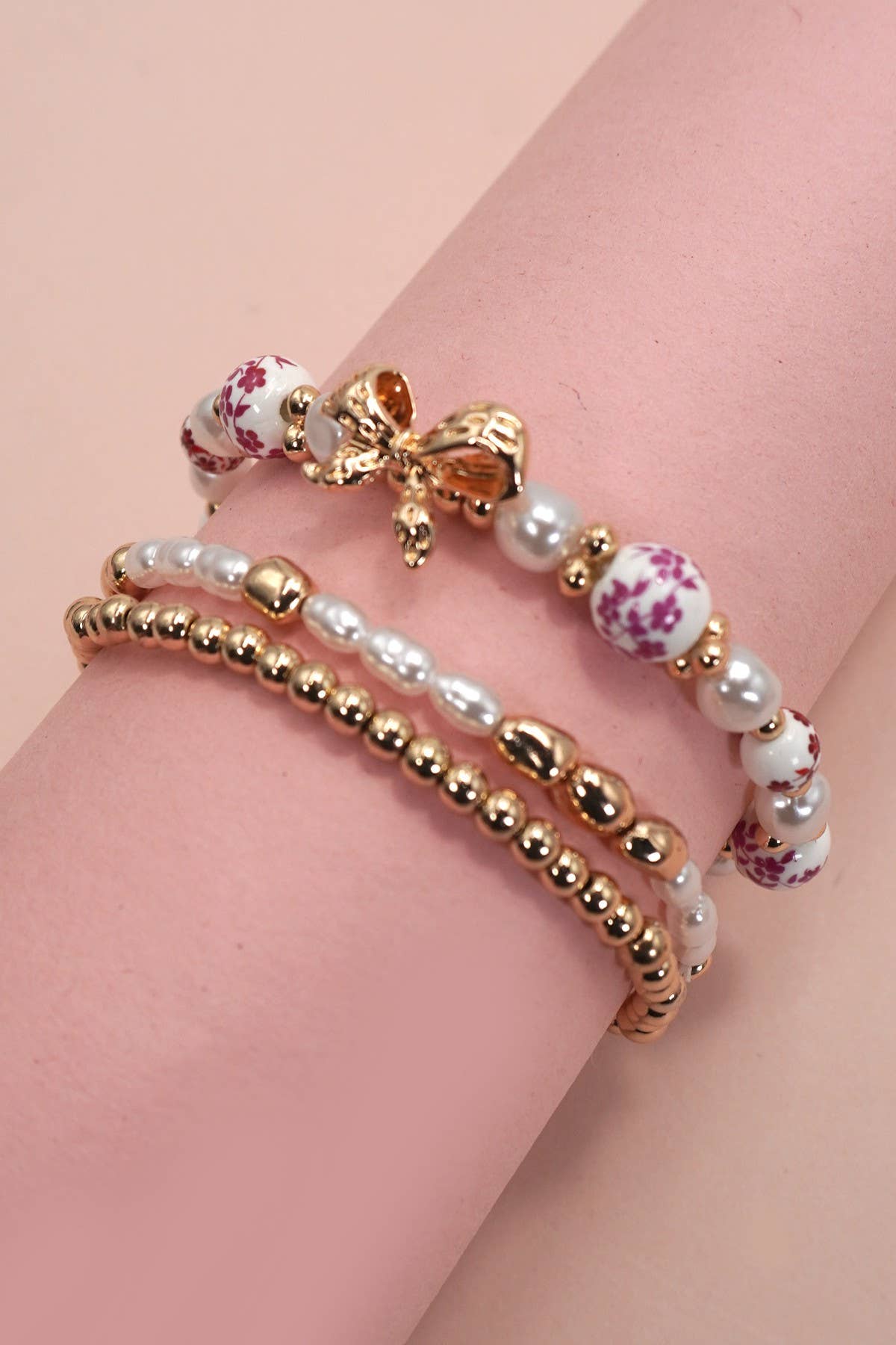 PINK CERAMIC PORCELAIN BOW MULTI LAYER BRACELET | 80B1340 - Nifty Decor & More