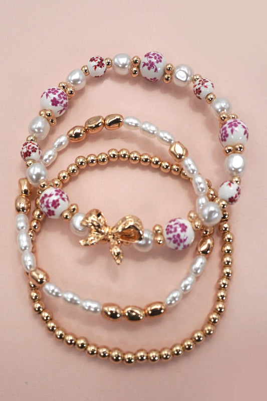 PINK CERAMIC PORCELAIN BOW MULTI LAYER BRACELET | 80B1340 - Nifty Decor & More
