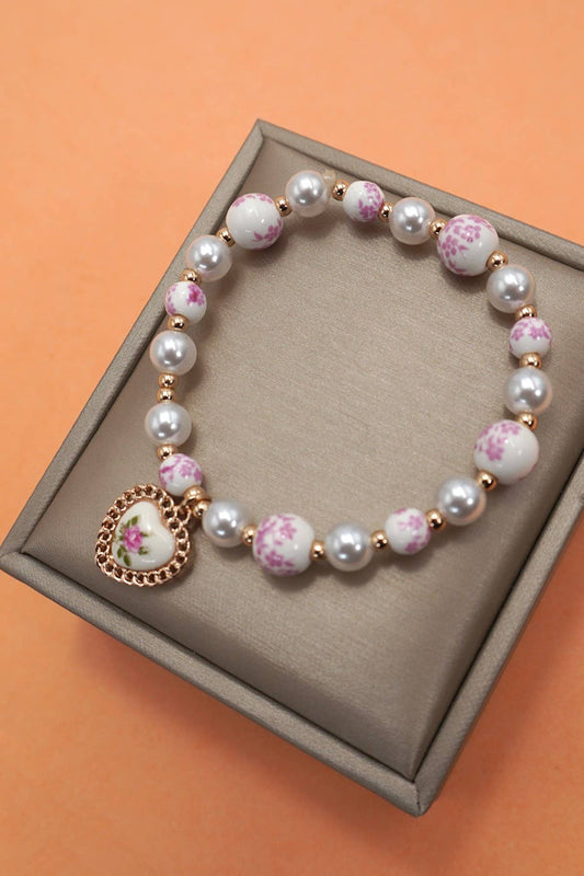 Pink Ceramic Porcelain Pearl Mix Heart Bracelet