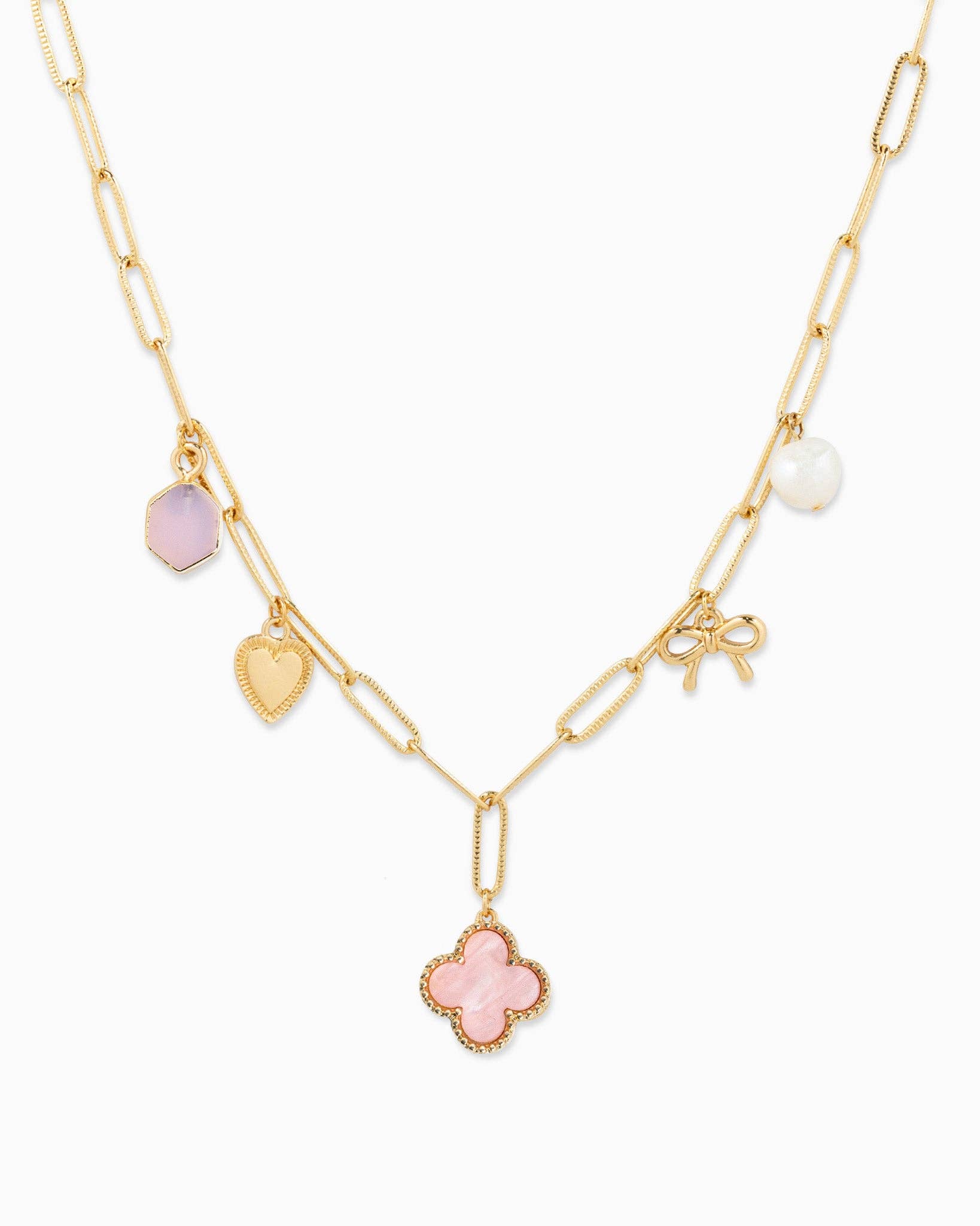 Pink Clover Multi Charm Pendant Necklace Pink