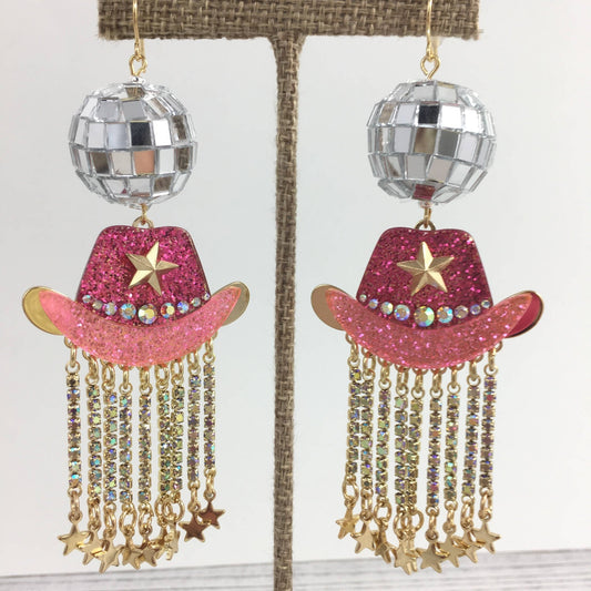 Pink cowboy hat w/ rhinestone tassels