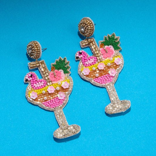 Pink Flamingo Cocktail Earrings – Beaded Statement Jewelry Chic Earrings