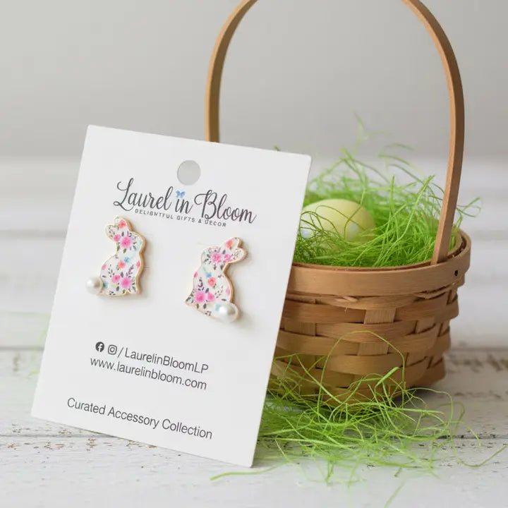 Pink Floral Bunny Stud Earrings | Spring & Easter Titanium Hypoallergenic Jewelry - Nifty Decor & More