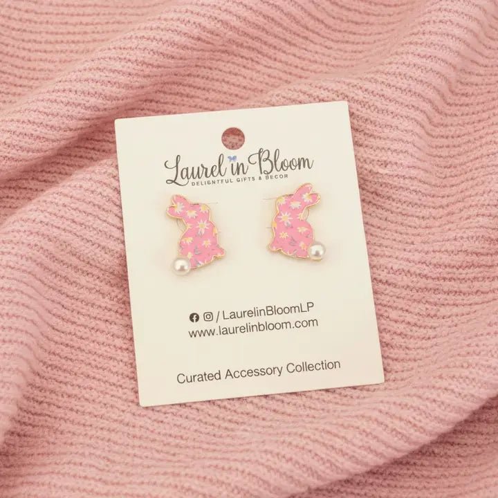 Pink Floral Bunny Stud Earrings | Spring & Easter Titanium Hypoallergenic Jewelry - Nifty Decor & More