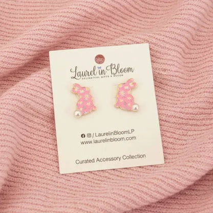 Pink Floral Bunny Stud Earrings | Spring & Easter Titanium Hypoallergenic Jewelry - Nifty Decor & More