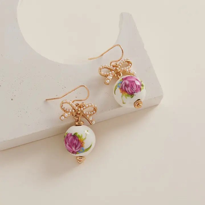 Pink Flower Round Shaped Ceramic Bead Brass Hook Earrings - Nifty Decor & More