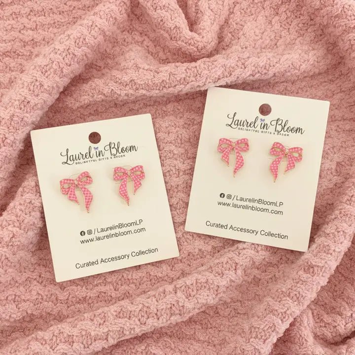 Pink Gingham Bow Stud Earrings | Spring Coquette Style - Nifty Decor & More