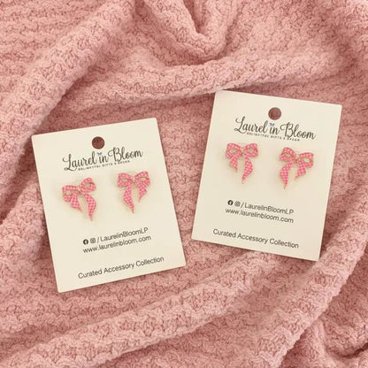 Pink Gingham Bow Stud Earrings | Spring Coquette Style - Nifty Decor & More