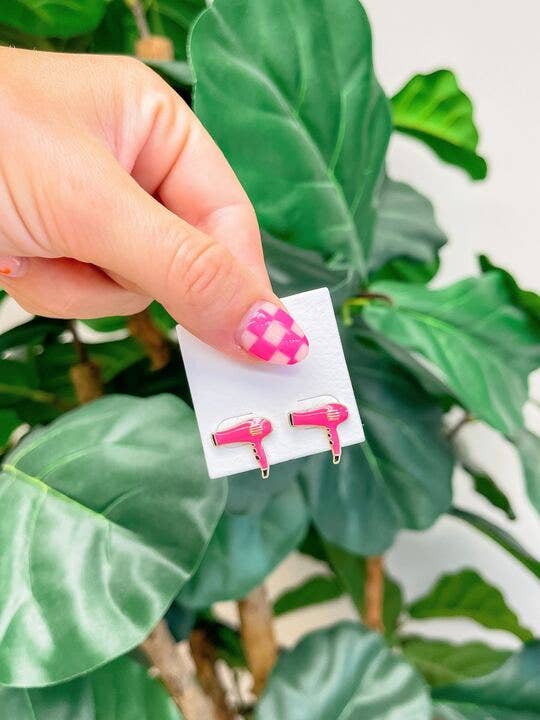Pink Hair Blow Dryer Stud Earrings, Cute Enamel Accessory, Perfect for Stylists, Unique Hairdresser Gift - Nifty Decor & More