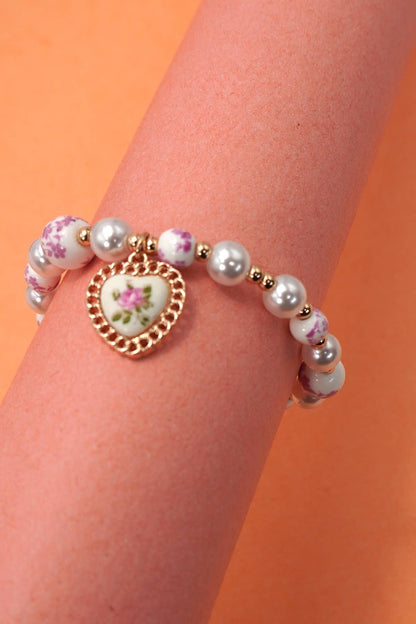 Pink Rose Ceramic Porcelain Pearl Mix Heart Bracelet - Nifty Decor & More