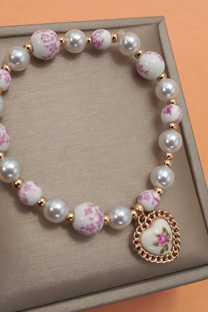 Pink Rose Ceramic Porcelain Pearl Mix Heart Bracelet - Nifty Decor & More