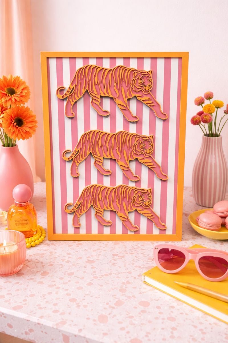 Pink Tiger Wall Art • Bold Modern Wall Decor • Layered Tiger Artwork • Pink & Orange Statement Art • Eclectic Home Decor - Nifty Decor & More