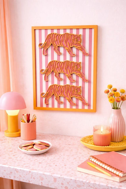 Pink Tiger Wall Art • Bold Modern Wall Decor • Layered Tiger Artwork • Pink & Orange Statement Art • Eclectic Home Decor - Nifty Decor & More