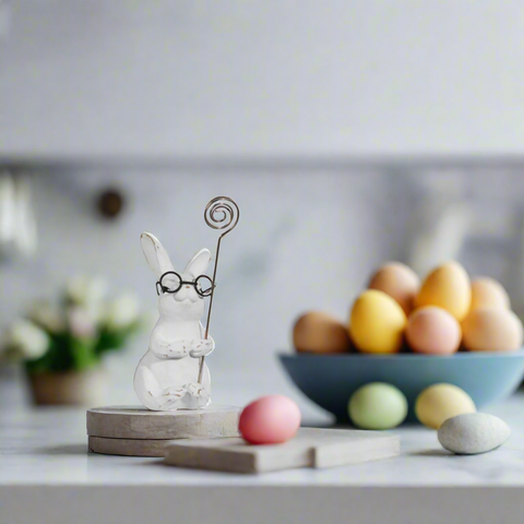 Bunnies with Glasses Place Card Holders - Set of 2, RAZ 5" Easter Table Pieces, Spring Party Decor, Cute Table Decoration